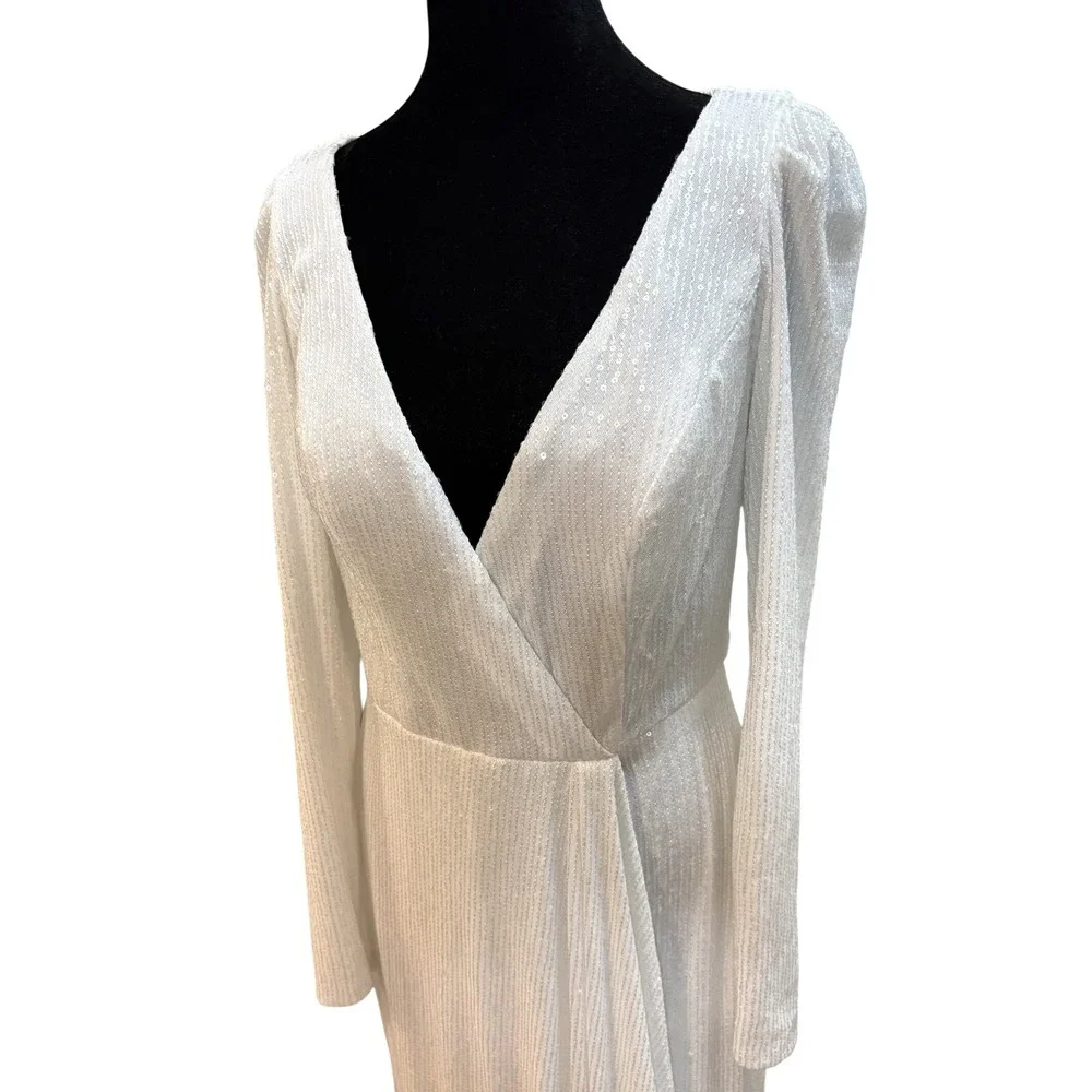Mac Duggal Gown Women‎ Size 8 White Long Sleeve Sequin Glam Wedding 26395 NWT